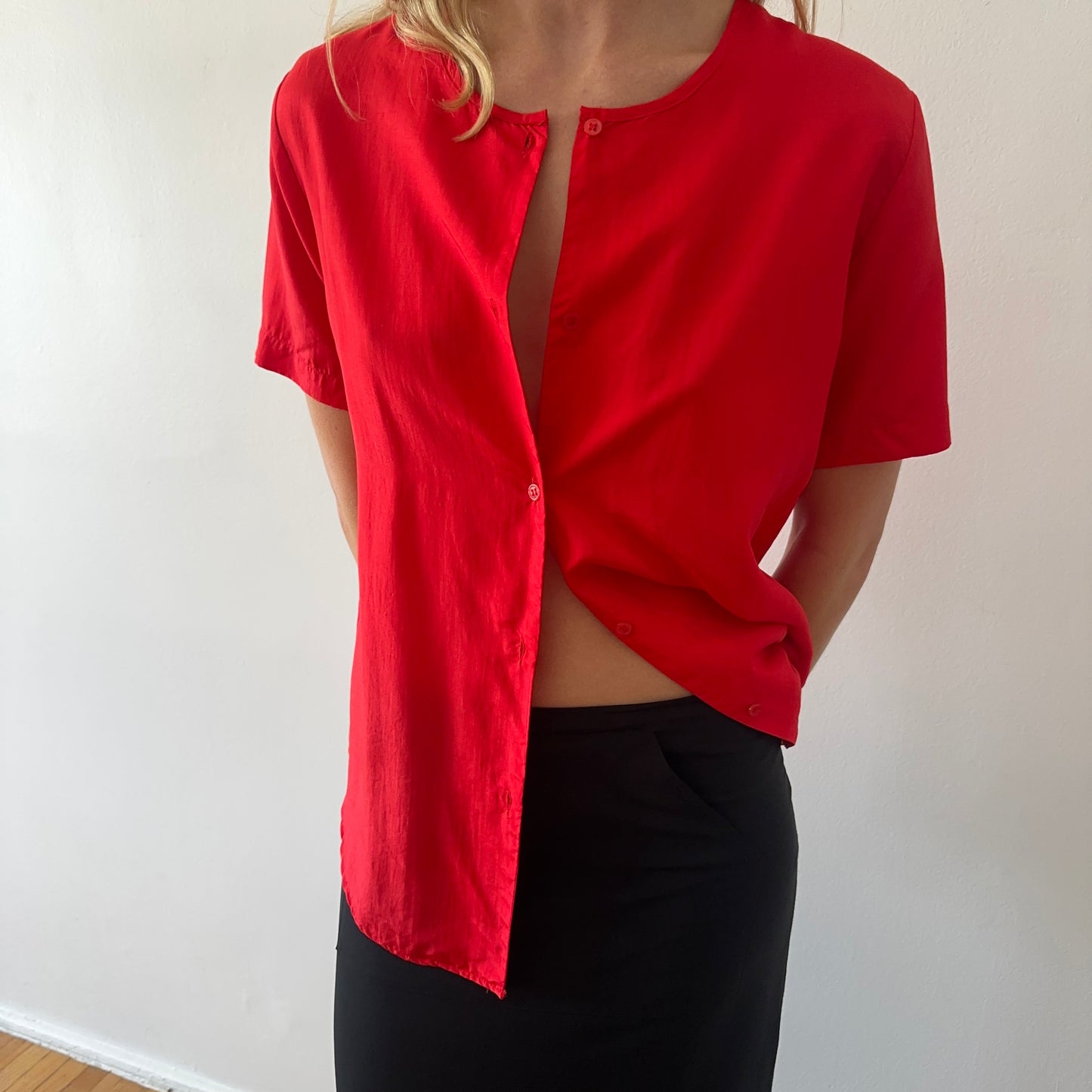 silk button down — red