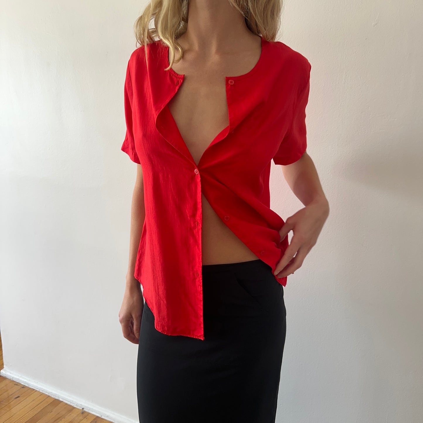 silk button down — red