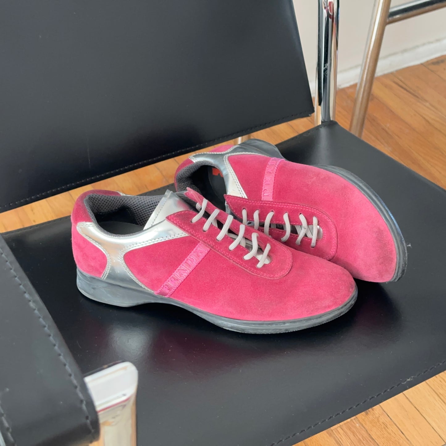 suede sneakers — hot pink