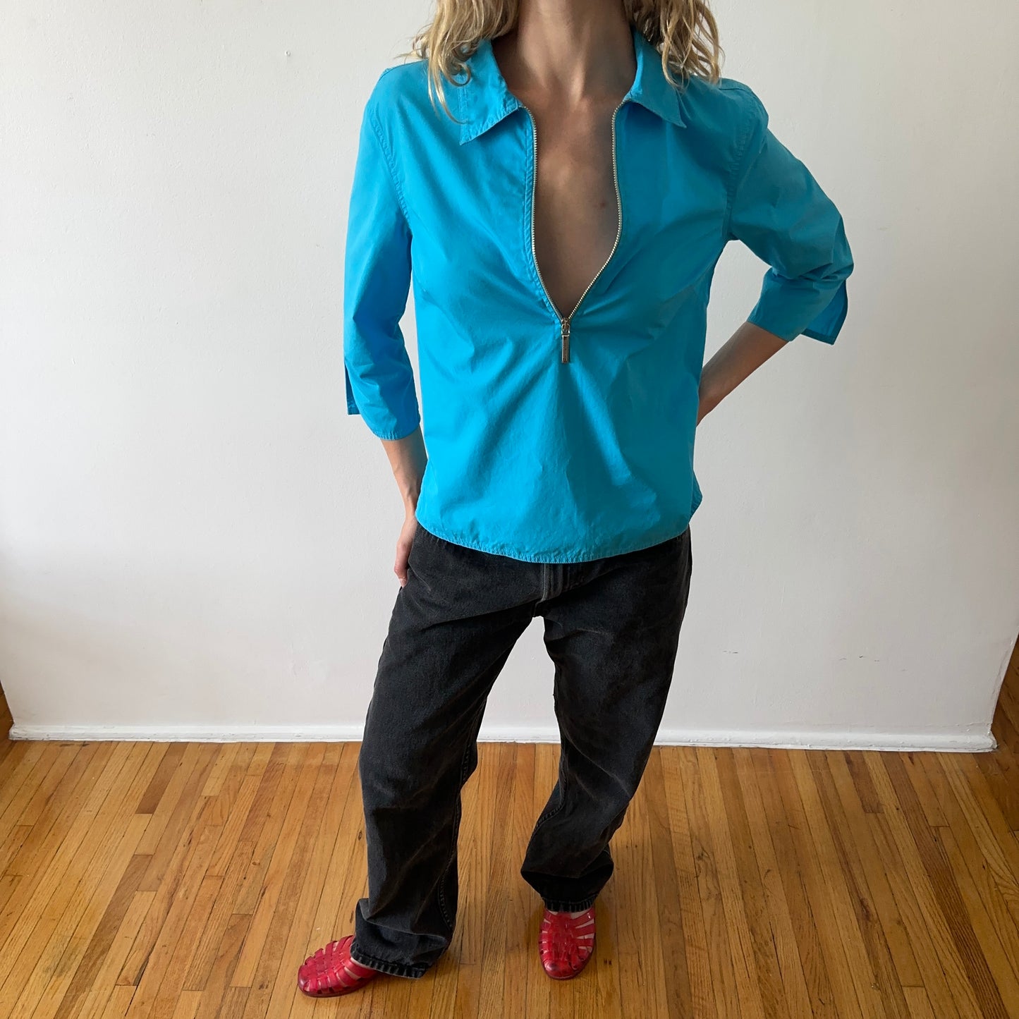 cotton zip shirt — bright blue