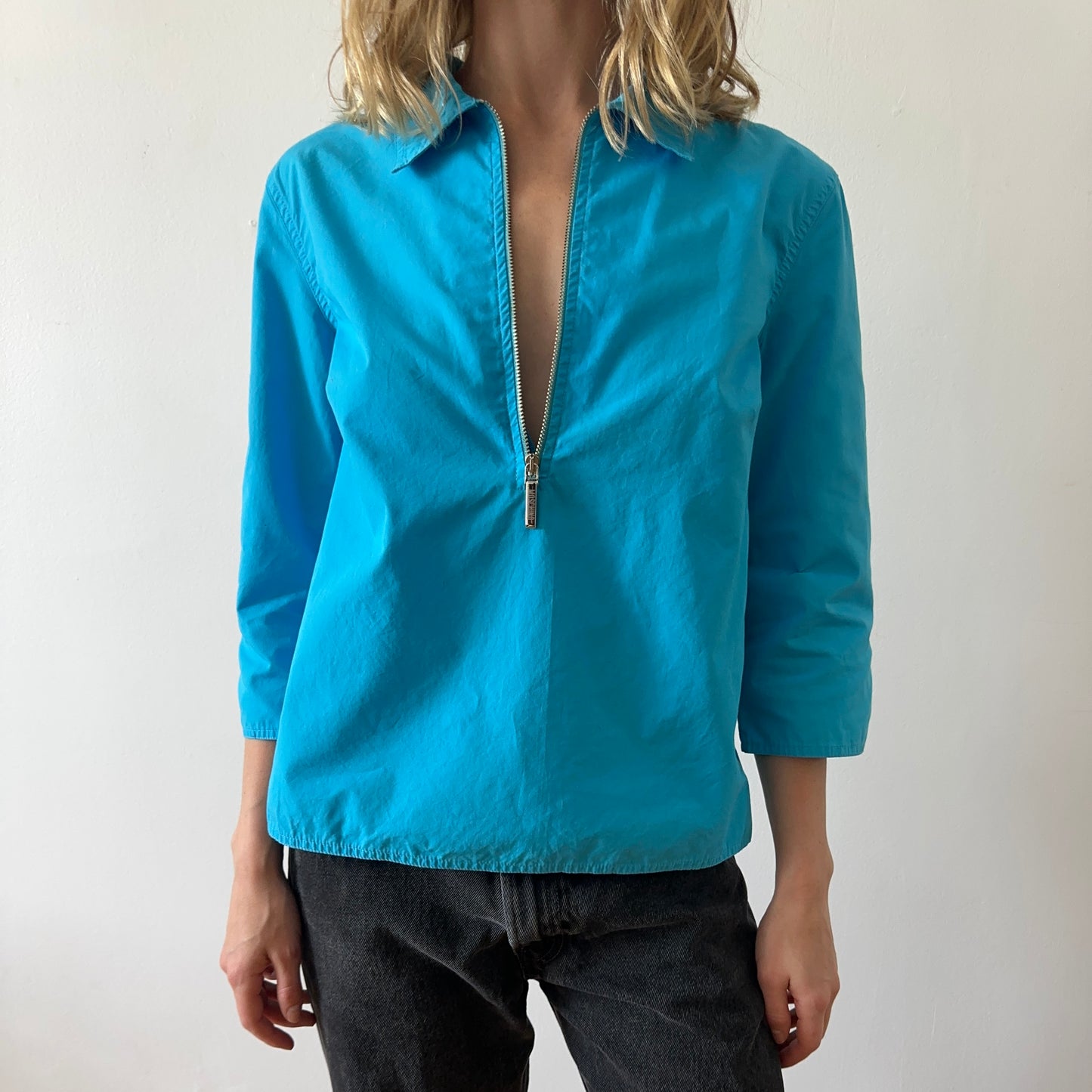cotton zip shirt — bright blue