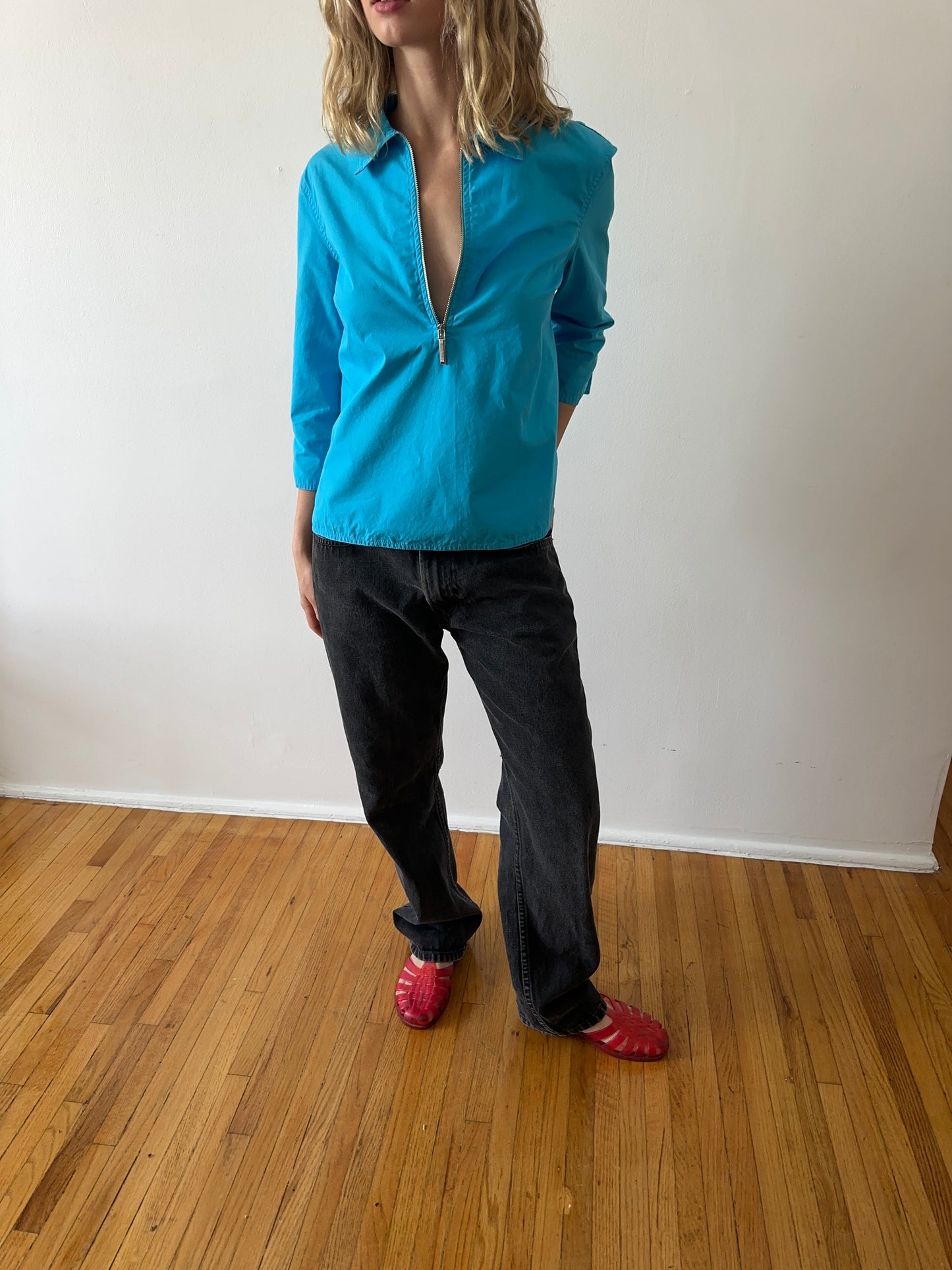 cotton zip shirt — bright blue