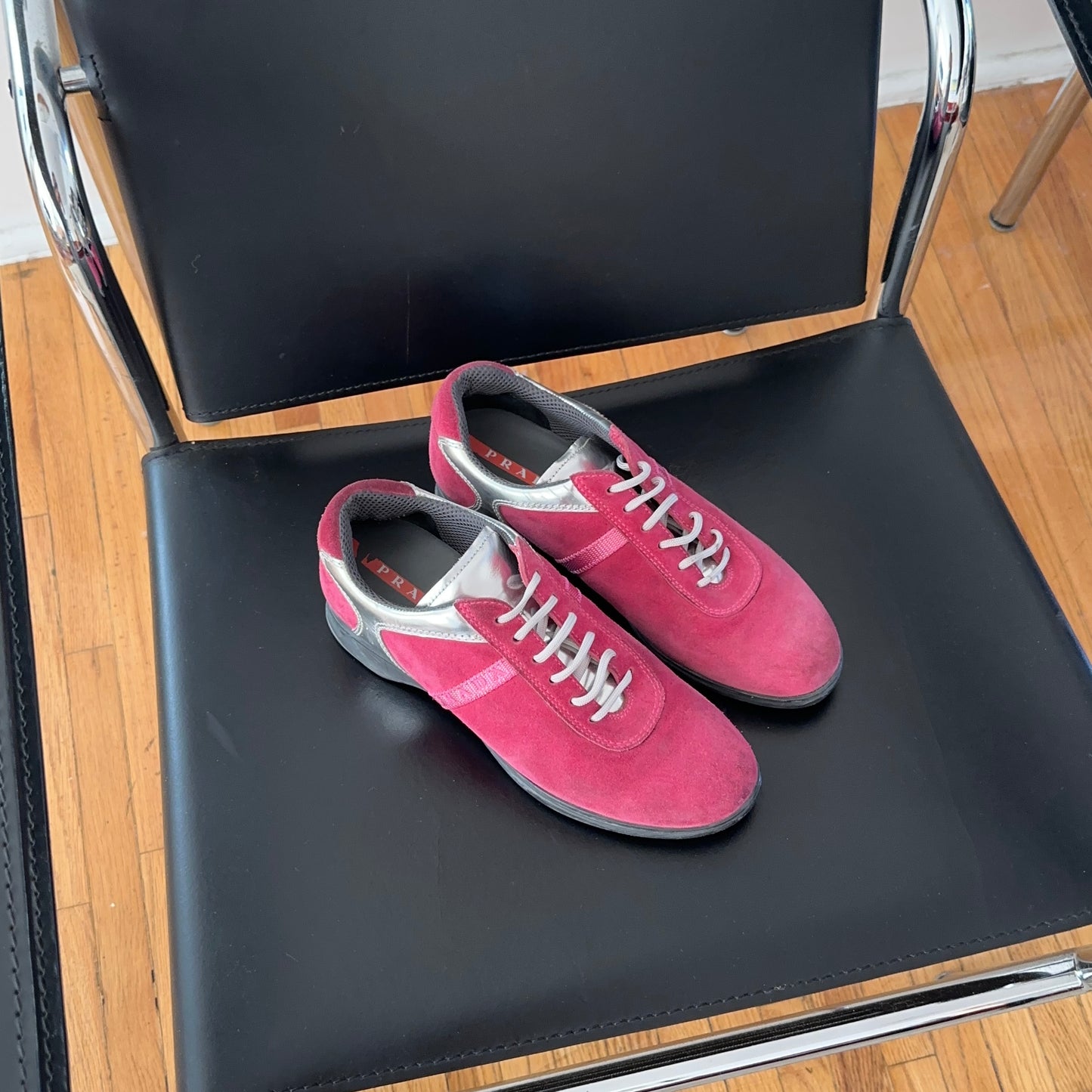 suede sneakers — hot pink