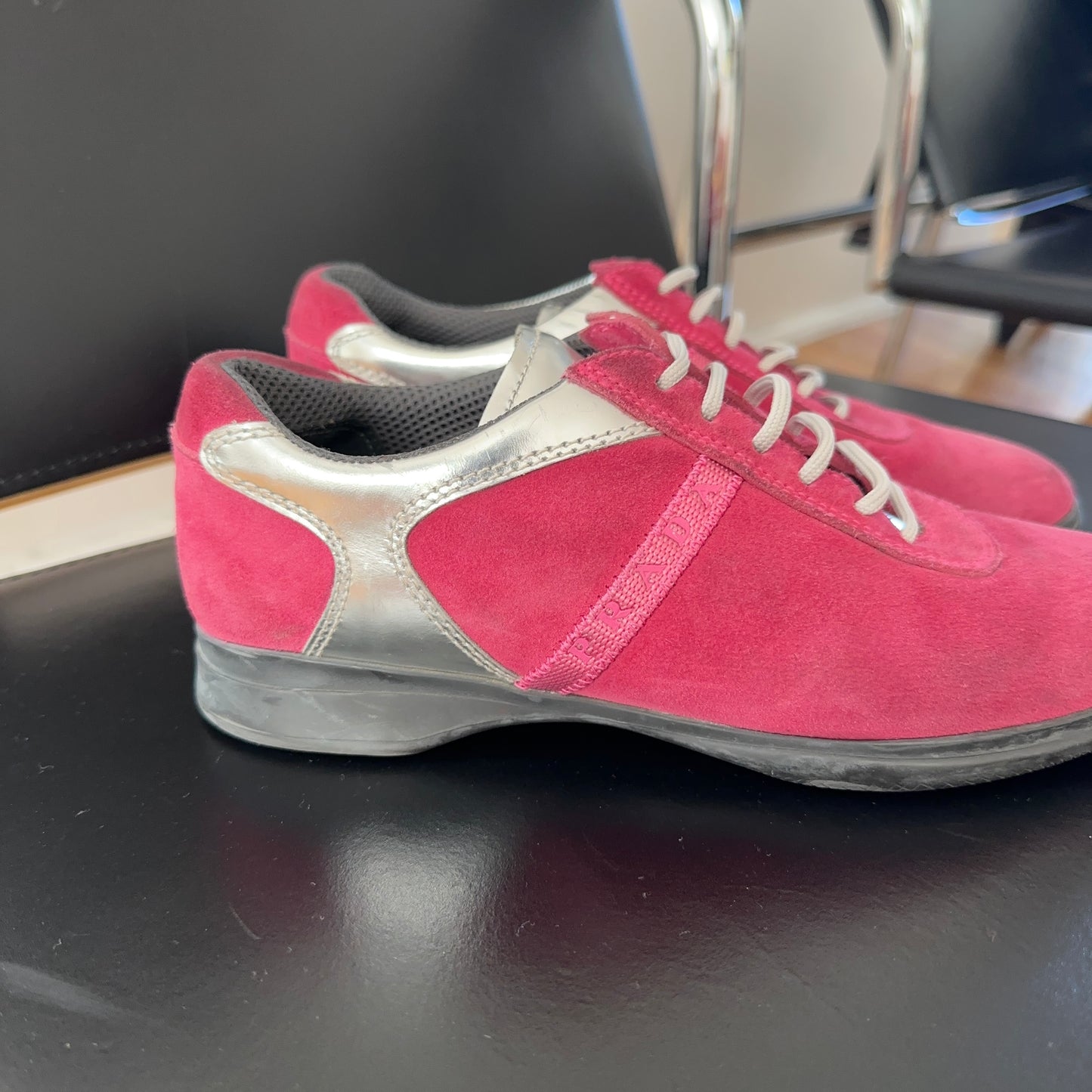 suede sneakers — hot pink