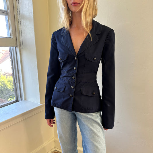 silk cargo blazer — navy